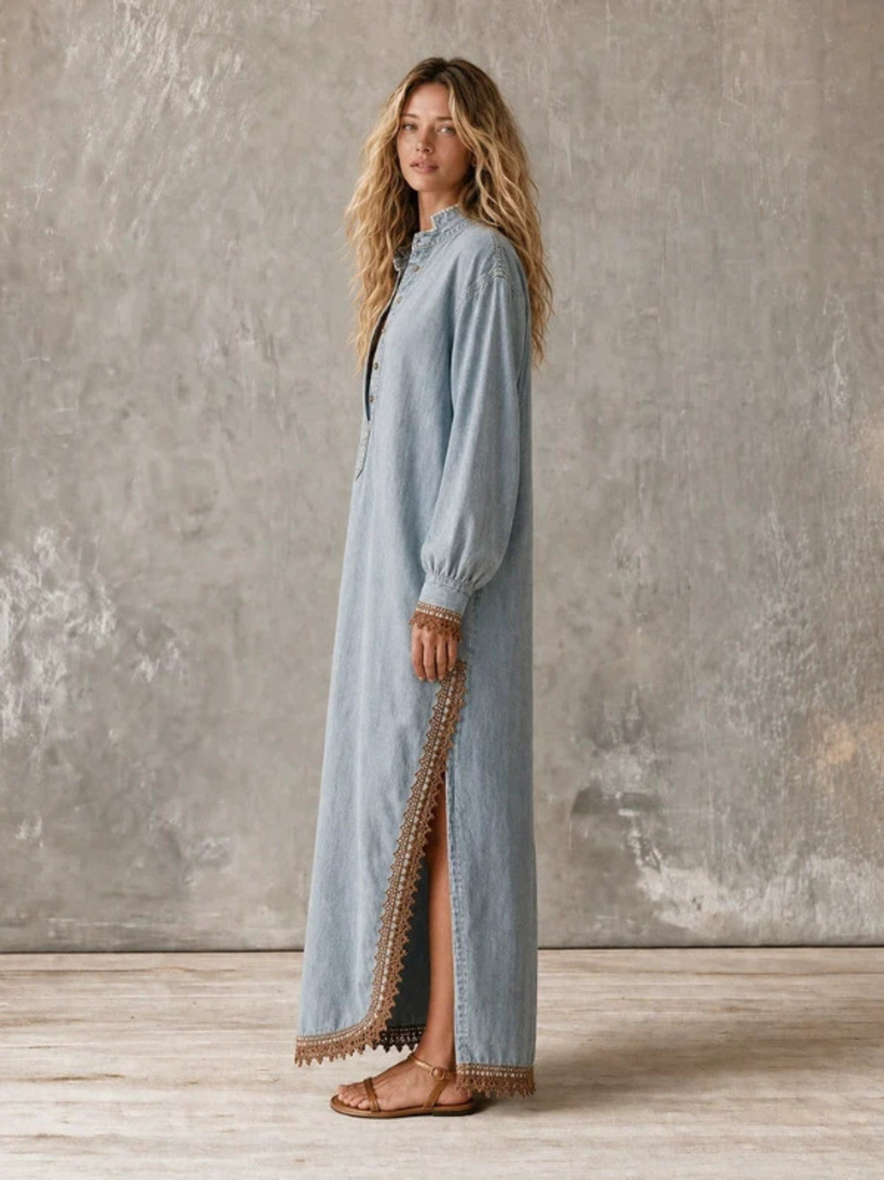 H&M Bohemian Stand Collar Relaxed Long Denim Dress
